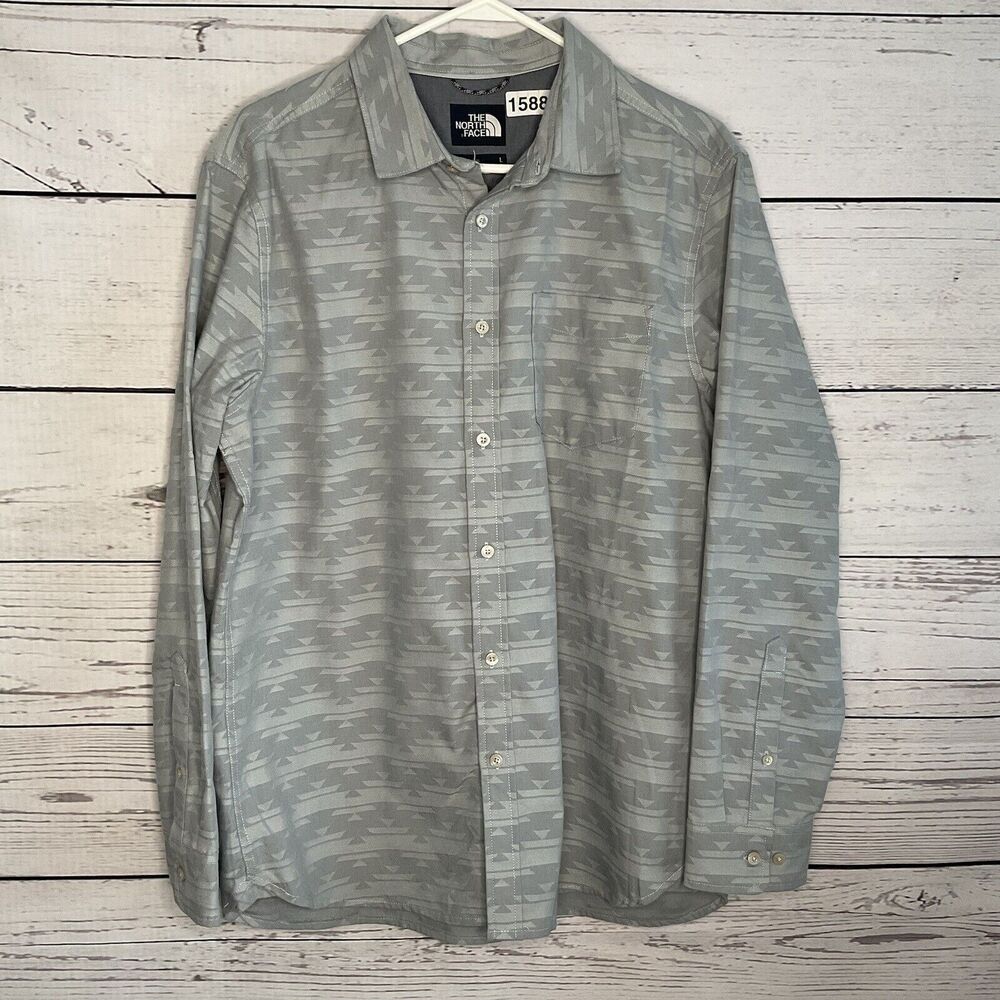 Vintage The North Face mens Large Gray Long Sleeve Shirt Woven Aztec Button Down